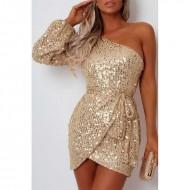 Marelična majica z enim ramenom z rokavi in bleščicami z vezanim pasom Amara