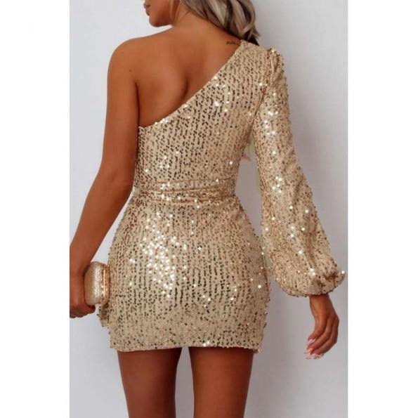 Marelična majica z enim ramenom z rokavi in bleščicami z vezanim pasom Amara