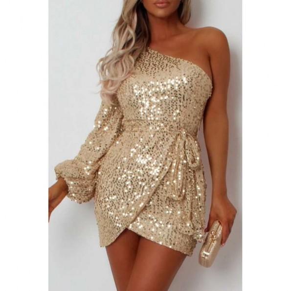 Marelična majica z enim ramenom z rokavi in bleščicami z vezanim pasom Amara