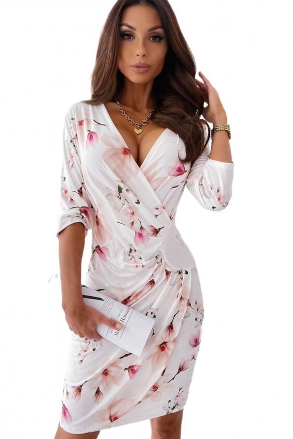 Midi obleka v belem ovitku s cvetličnim izrezom Linda