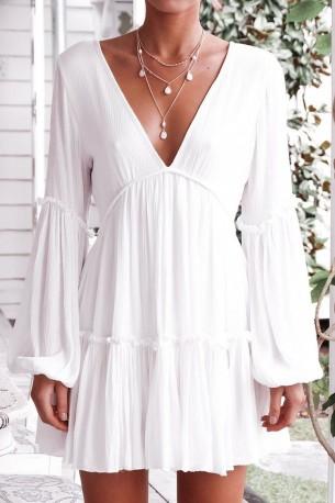 Mini obleka babydoll z dolgimi rokavi in ​​V izrezom Millie