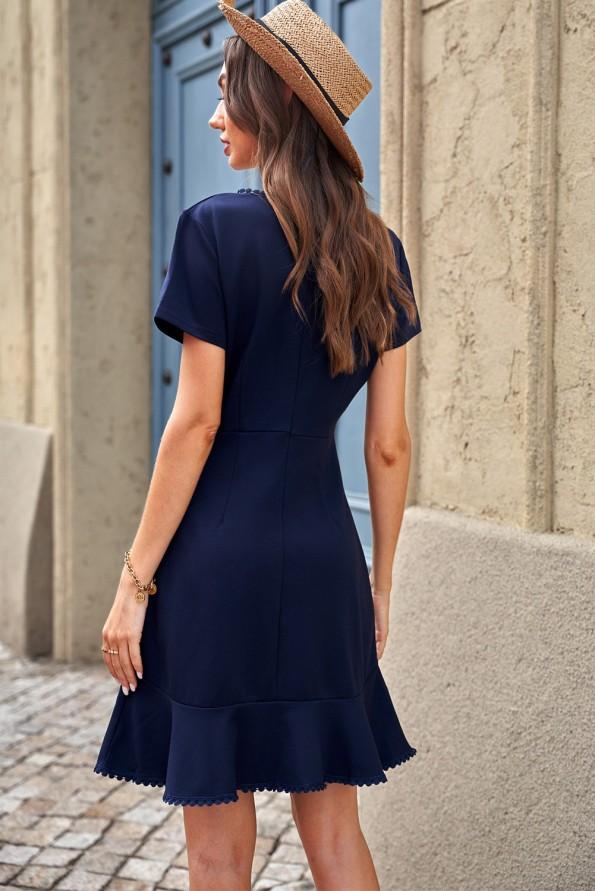 Mini obleka s kratkimi rokavi z modrimi resicami Many