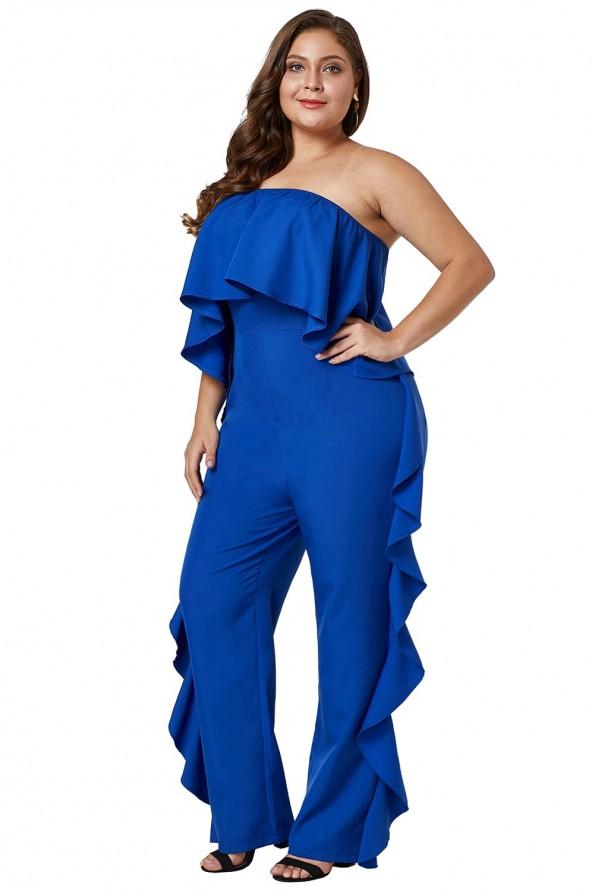 Moder kombinezon Zara z odprtimi rameni in volančki za močnejše