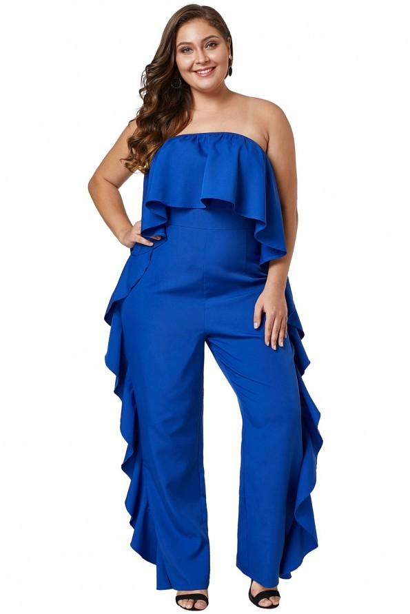 Moder kombinezon Zara z odprtimi rameni in volančki za močnejše