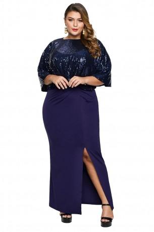 Modra bleščeča maksi obleka Amira za močnejše