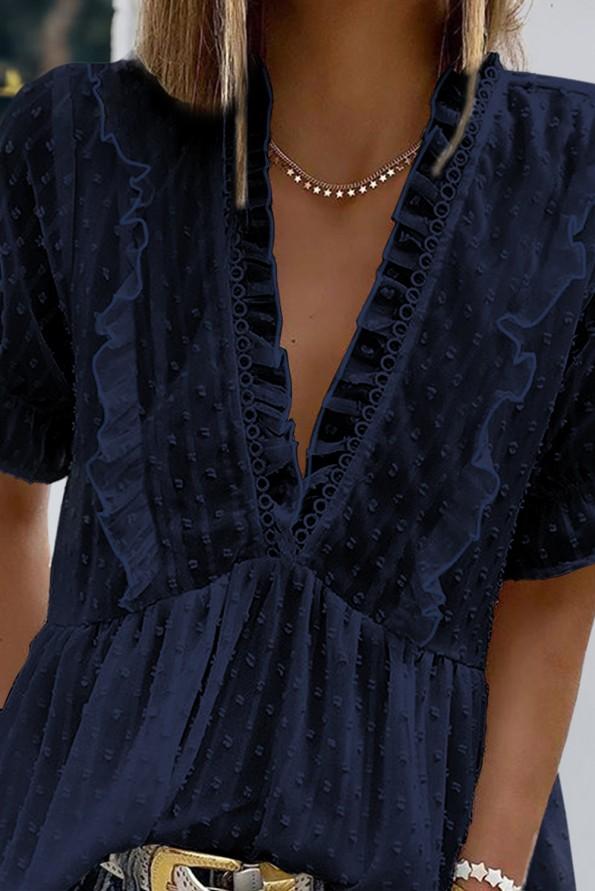 Modra bluza iz volanskega ovratnika Thea