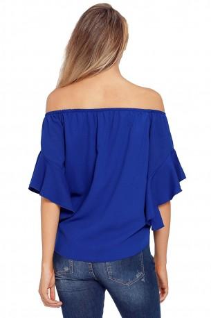 Modra bluza Oaklee z odprtimi rameni in vozlom