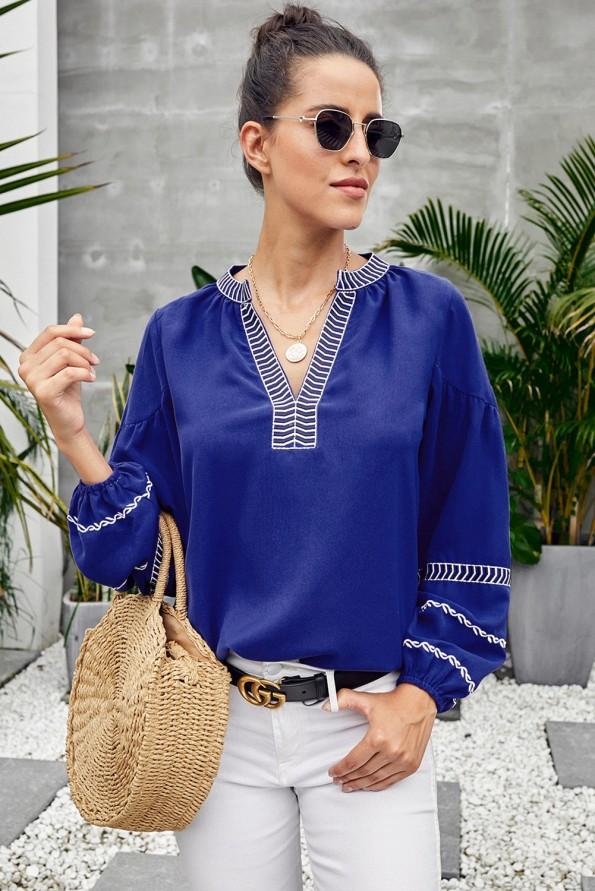 Modra bluza Remy s potiskom na vratu in rokavih
