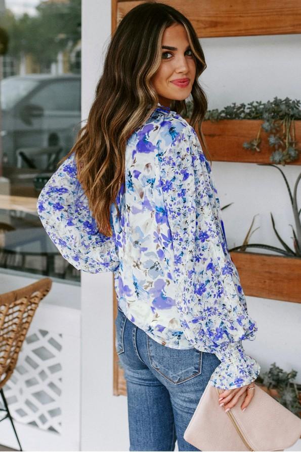 Modra bluza Riley s cvetlčnim potiskom