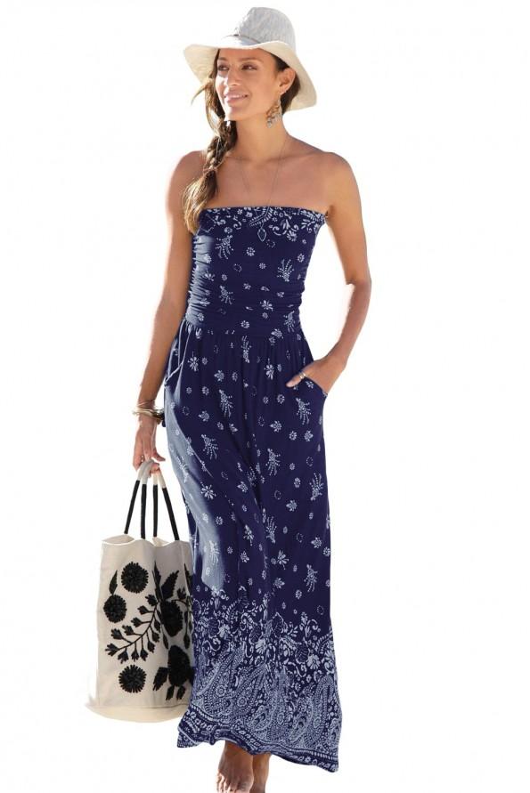 Modra bohemska maxi obleka Skye s cvetličnim potiskom