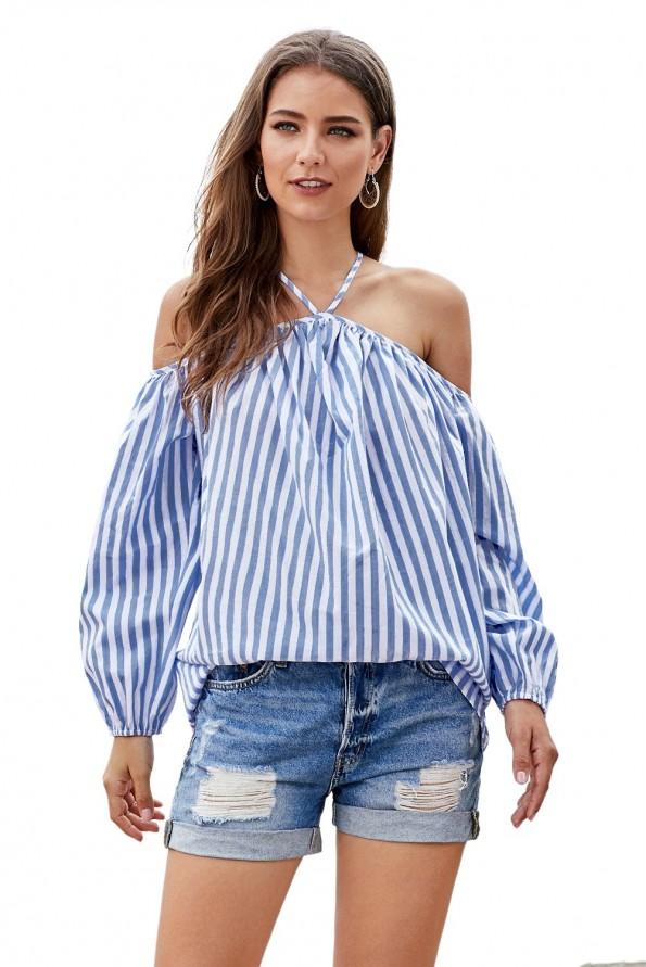 Modra črtasta bluza Emory z naramnicami