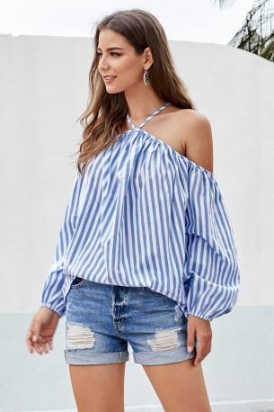 Modra črtasta bluza Emory z naramnicami