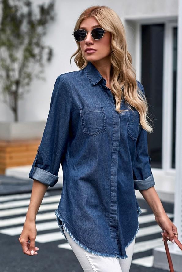Modra denim srajca Athena z zavihanimi rokavi