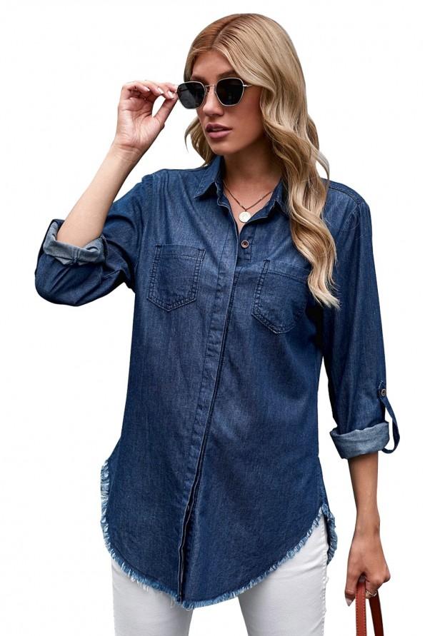 Modra denim srajca Athena z zavihanimi rokavi