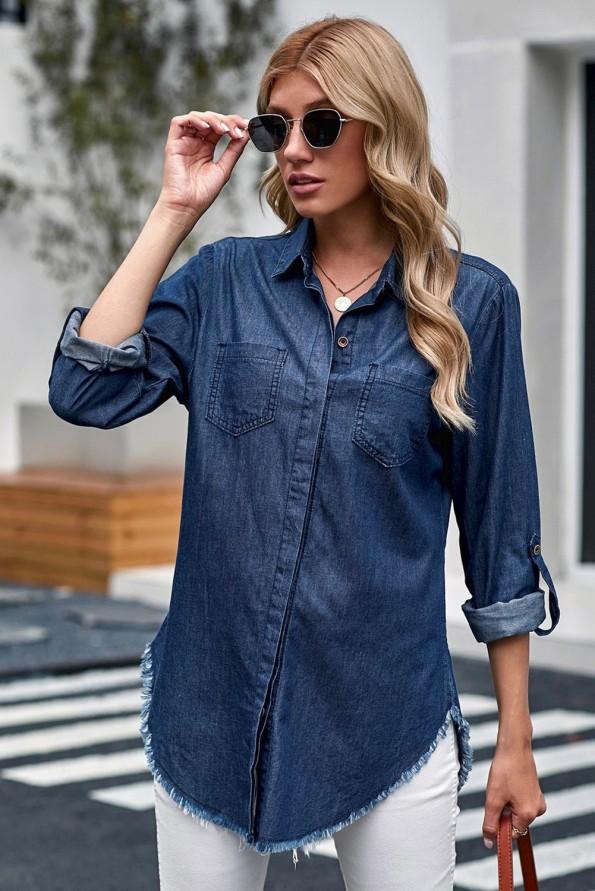 Modra denim srajca Athena z zavihanimi rokavi