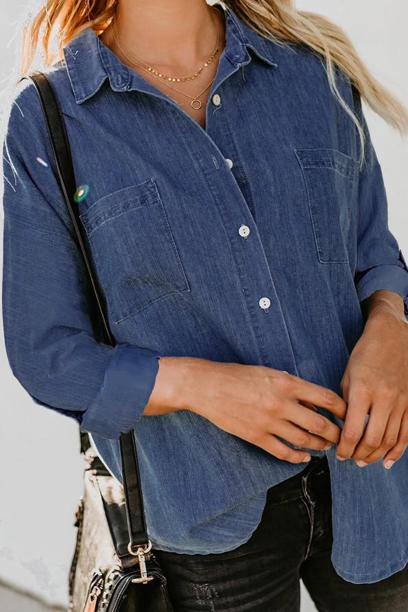 Modra denim srajca z dolgimi rokavi na gumb Jada