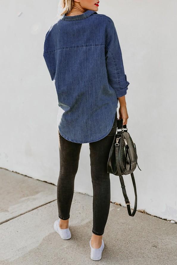 Modra denim srajca z dolgimi rokavi na gumb Jada