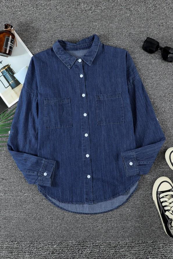 Modra denim srajca z dolgimi rokavi na gumb Jada