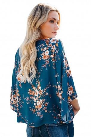 Modra kimono bluza Madisyn s cvetličnim vzorcem