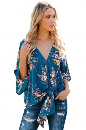 Modra kimono bluza Madisyn s cvetličnim vzorcem