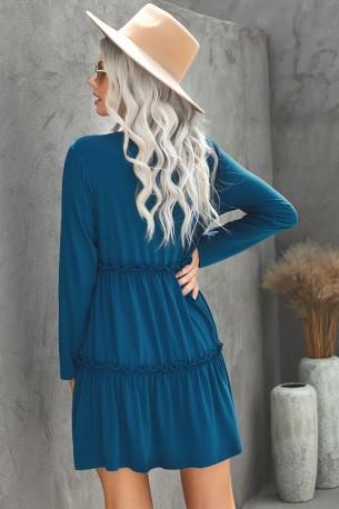 Modra kratka obleka Aylin z dolgimi rokavi