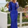 Modra maxi večerna obleka Jenna z resicami na rokavu