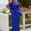 Modra maxi večerna obleka Jenna z resicami na rokavu
