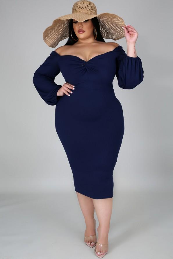 Modra midi obleka  z dolgimi rokavi Regine