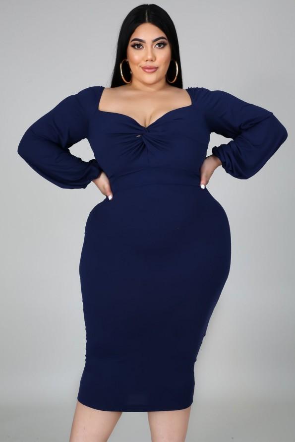 Modra midi obleka  z dolgimi rokavi Regine