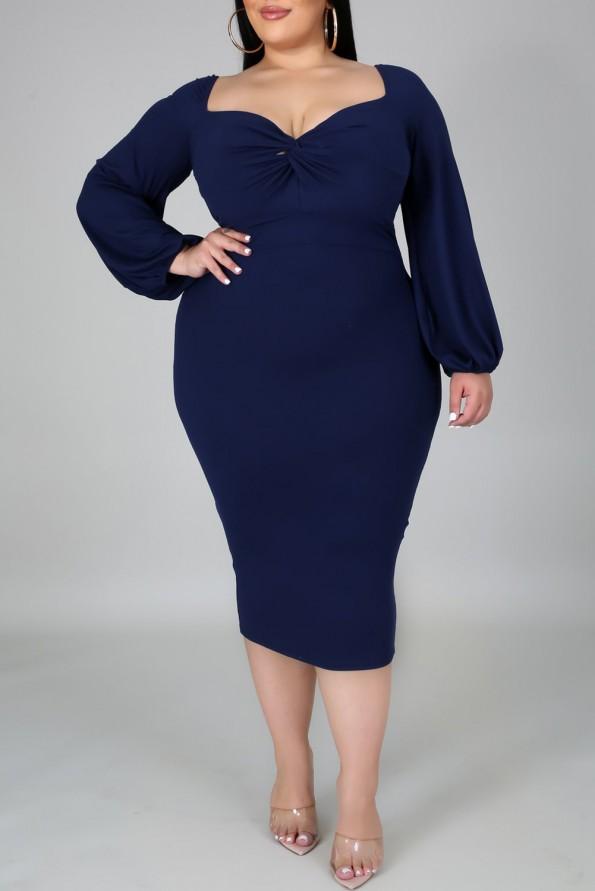 Modra midi obleka  z dolgimi rokavi Regine