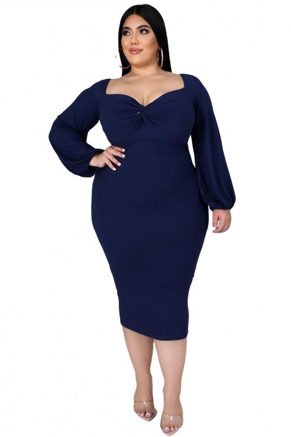 Modra midi obleka  z dolgimi rokavi Regine