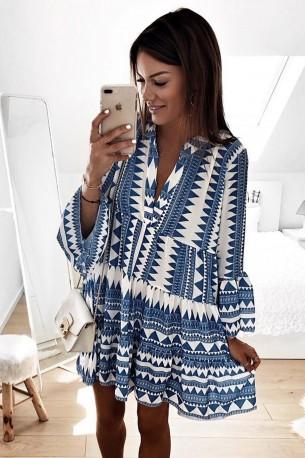 Modra mini obleka s polovičnim rokavom z naramnicami in modrim geometrijskim potiskom Karen