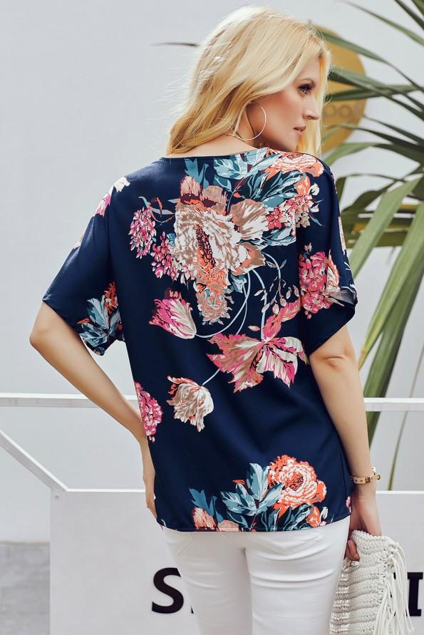 Modra nabrana bluza Bonnie s cvetličnim potiskom