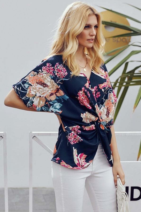 Modra nabrana bluza Bonnie s cvetličnim potiskom