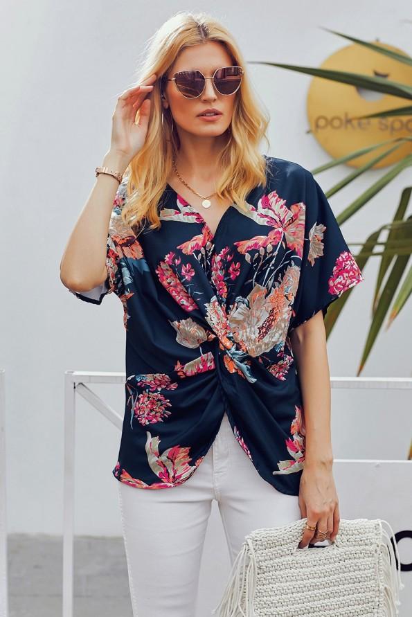 Modra nabrana bluza Bonnie s cvetličnim potiskom