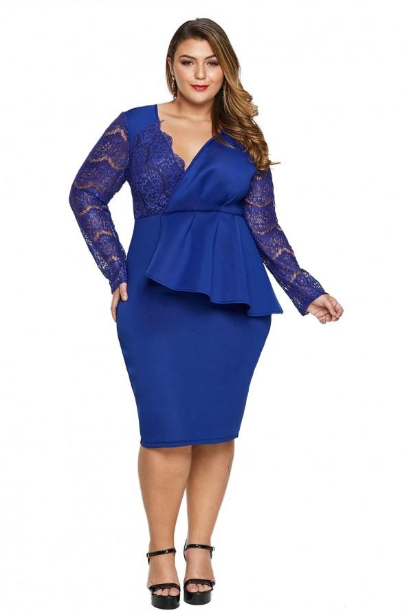 Modra obleka Charlee s čipkastimi rokavi za močnejše