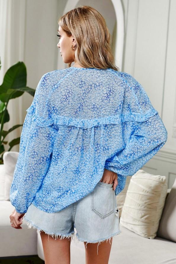 Modra ohlapna bluza Adaline z volančki