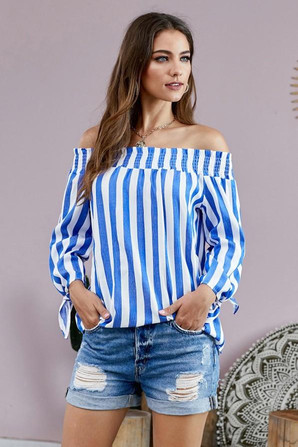 Modra poletna bluza Ainsley z odprtimi rameni