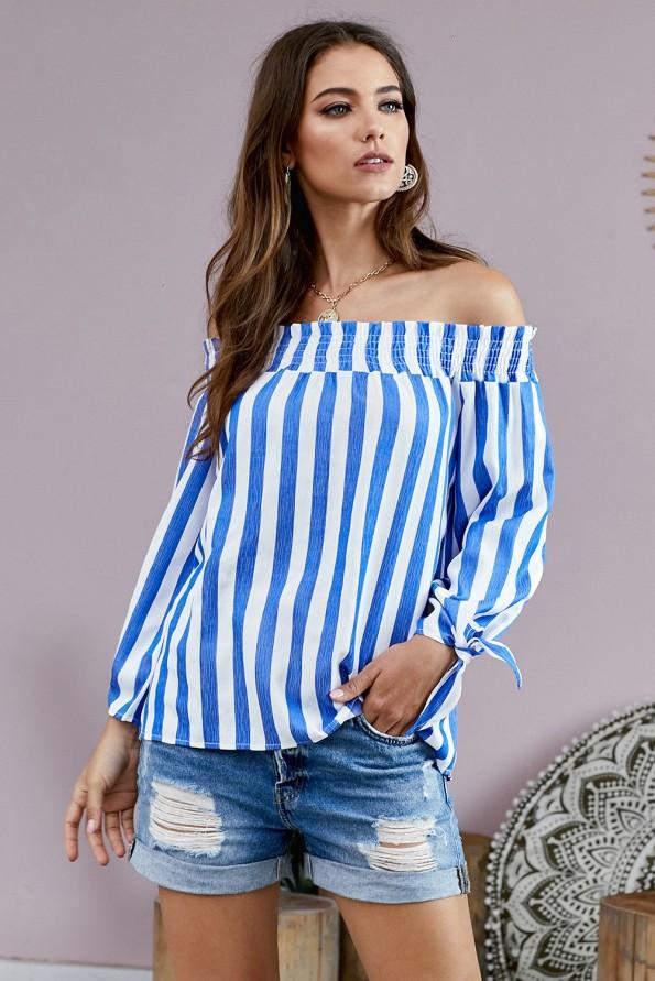 Modra poletna bluza Ainsley z odprtimi rameni