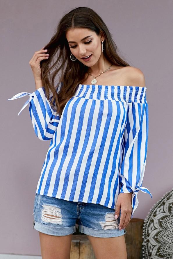 Modra poletna bluza Ainsley z odprtimi rameni