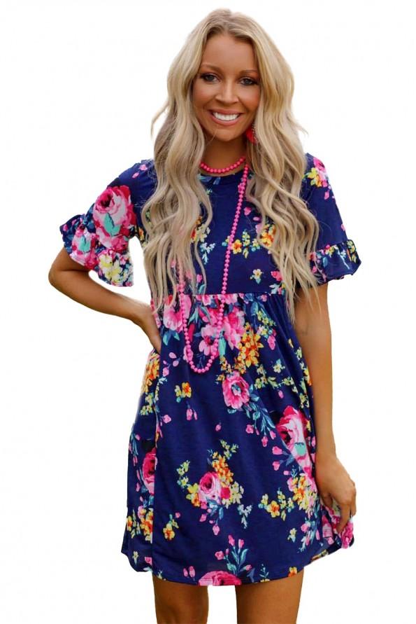 Modra poletna obleka Marina z rožnim potiskom
