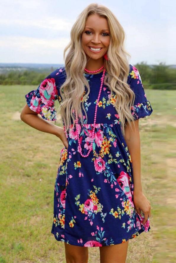 Modra poletna obleka Marina z rožnim potiskom