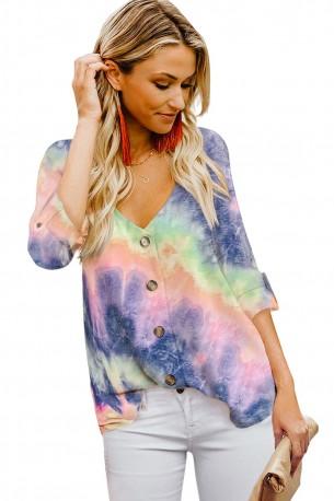 Modra tie dye bluza z V izrezom