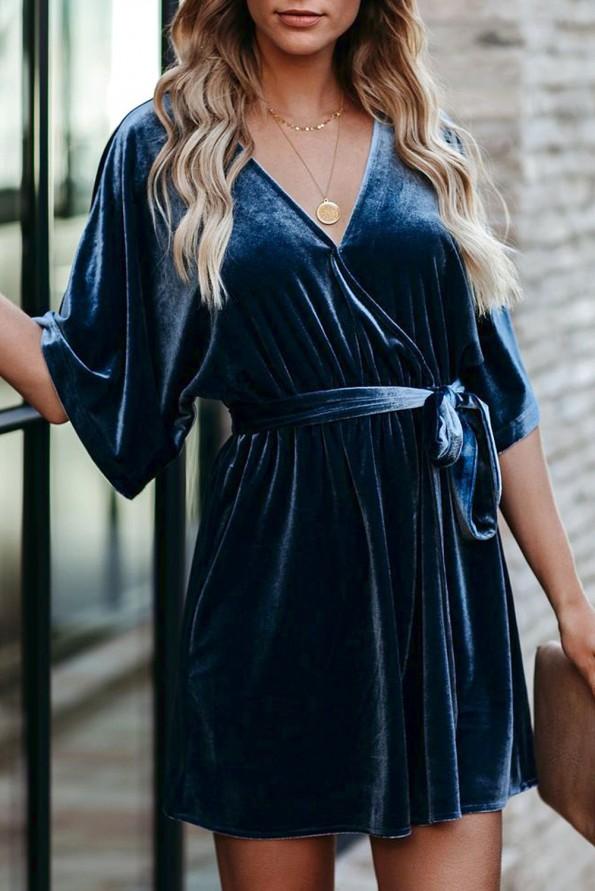 Modra žametna mini obleka Valeria s pasom