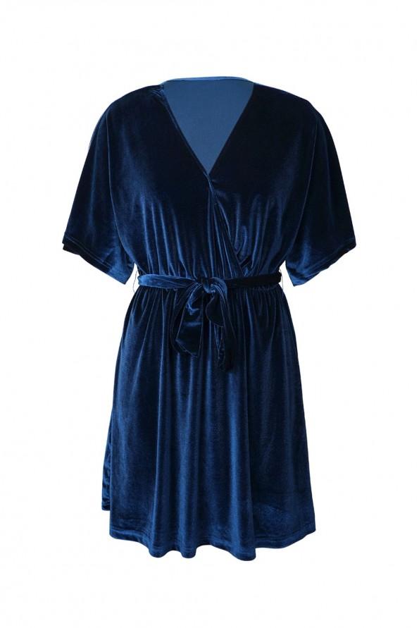 Modra žametna mini obleka Valeria s pasom