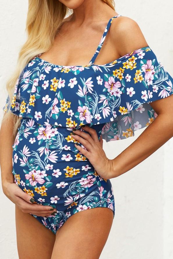 Modre enodelne kopalke Joelle za nosečnice s cvetličnim potiskom