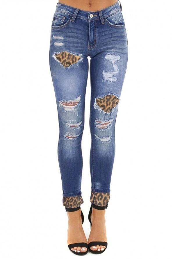 Modre bombažne kavbojke Waverly z leopardjimi zarezami