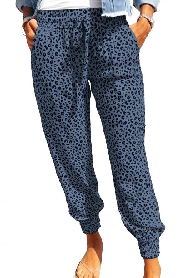 Modre ohlapne jogger hlače Alayna z leopardjim potiskom
