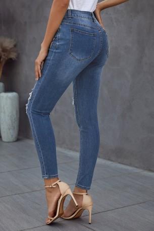 Modre oprijete bombažne kavbojke z zarezami