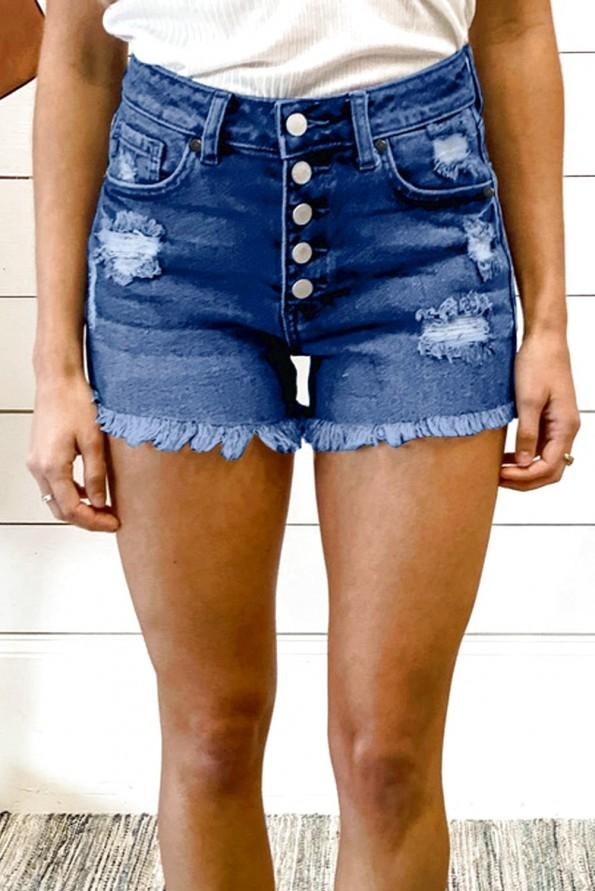 Modre razcefrane bombažne jeans kratke hlače Rylee